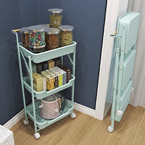 DBromanticArt Aufbewahrungswagen 3 Tier Rolling Nützlichkeit Veranstalter Gestell Zusammenklappbarer Mehrzweck Organizer Regal Servierwagen für Küche Badezimmer Büro, Minze Cover