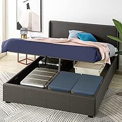 Canapé Tapizado 135X190 Zinus Canapé abatible de 32 cm con somier tapizado, cama con elevador de gas y almacenamiento Maddon, Somier de listones de madera, 135 x 190 cm, Gris oscuro