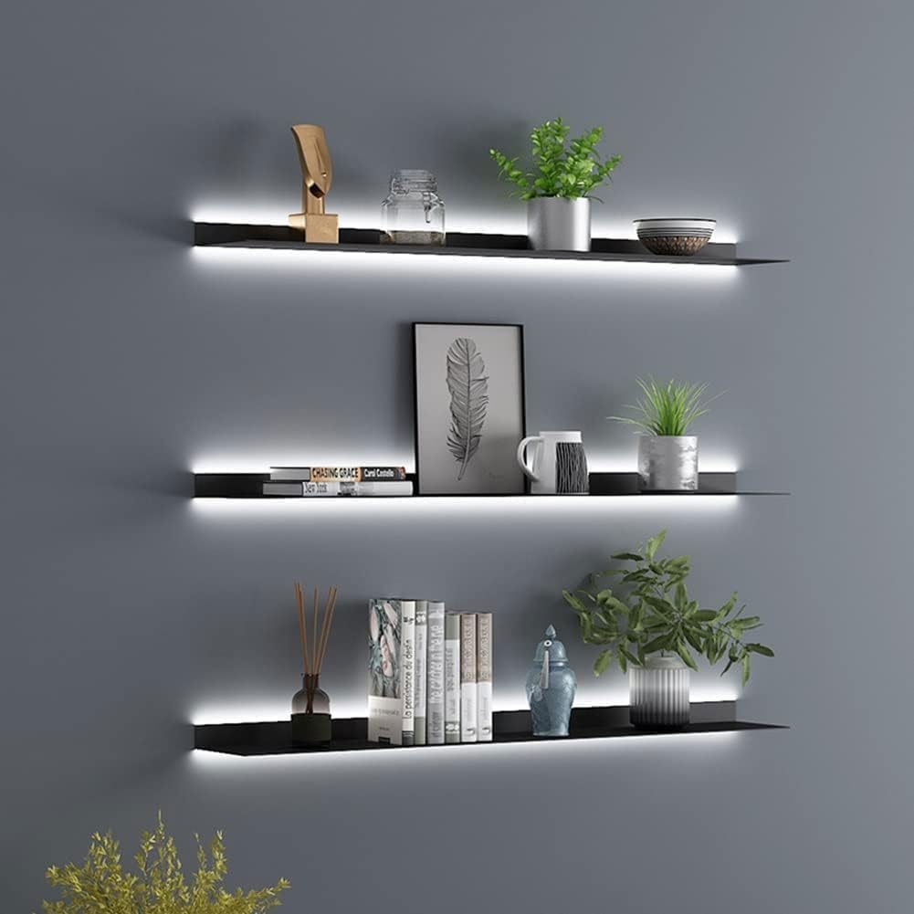 Regali a parete sospesi in metallo simdennr con luci LED, scaffale espositivo a sospensione per soggiorno, cucina, bagno, scaffale espositivo con luci LED integrate, nero, 60 cm