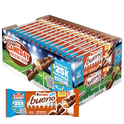 Kinder Bueno Milk Chocolate Bars with Hazelnut Filling, 30 Packs of 2, Bulk Chocolate Candy Bars for Game Day, Football Party Supplies, Snacks for Adults, 1.4 oz Per Pack