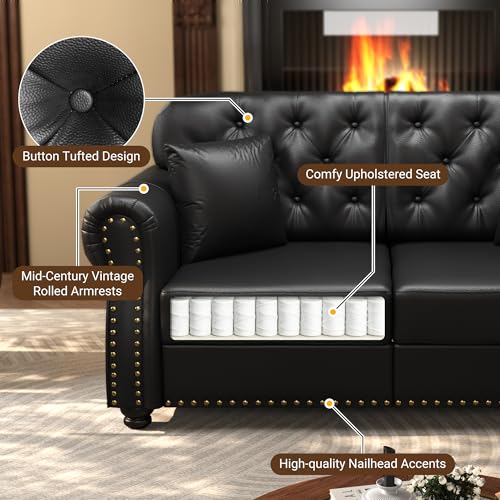 Image of KEIKI 2-Piece Chesterfield Sofa Set with 1 Faux Leather 3-Seater Sofa & 1 Loveseat Sofa, Upholstered 5-Seater Couch Set with Nailhead Trim & Rolled Arms & 1 Ottoman & 5 Pillow, for Living Room, Black
