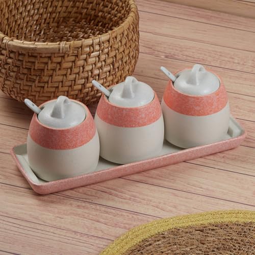 Image of Kookee Ceramic Condiment Jars and Containers Set of 3 with Tray and Spoon for Kitchen Food Storage, Used for Spices, Sauce Servers, Pickle, Vinegar, Sugar (280ml each) (10682)