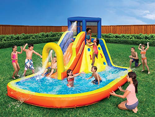BANZAI Inflatable 13\' Water Slide Park Plus 12\' Bounce House 2 for 1 Value Pack w Free Air Blower- Inflates in Under 2min- Heavy Duty Kids Adventure Park Pool with Sprinkler 12’x9 XL Bouncy Castle