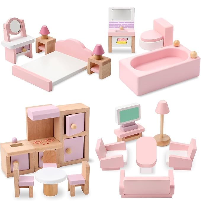Image of 22 Pcs Dollhouse Furniture Wooden Dollhouse Furniture Set Miniature Playhouse Doll House Accessories with Living Room Bedroom Bathroom Kitchen for Girls Boys