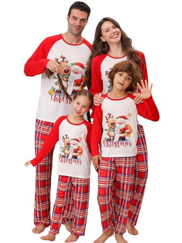 Onancehim Family Christmas Pajamas Matching Sets Xmas Pajamas for Women/Men/Couples, 2 Piece Christmas Pjs Matching Set Long Sleeve Pajama Outfit Holiday Lounge Sleepwear(Women,M,Red Santa)