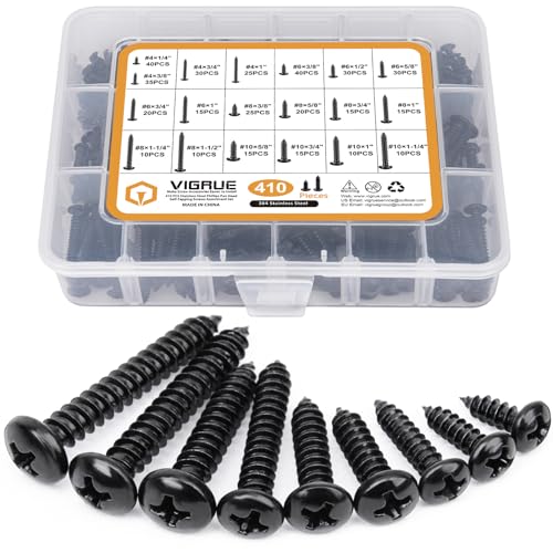 VIGRUE 410Pcs Stainless Steel Black Wood Screws Set #4#6#8#10 Phillips Pan Head Sheet Metal Screws Self Tapping Wood Screws Assortment Kit, Length 1/4" to 1-1/2" Pan Head 410PCS