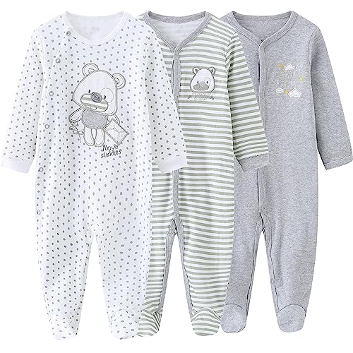 Image of MAMIMAKA Baby Boys Girls Footies One-Piece Romper Long-Sleeve Jumsuit Cotton Newborn Clothes Set 3-Pack Baby Pajamas