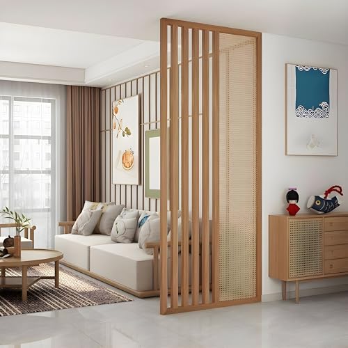 Image of MKH KRAFTS- Premium Wooden Room Divider Handcrafted Natural Wood Partition with Woven Cane Panel Decorative Space Separator for Living Room Bedroom Office (72 x 36 Inch)
