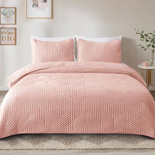 Exclusivo Mezcla Ultrasonic Twin Quilt Bedding Set, Lightweight Blush Pink Bedspreads Soft Modern Geometric Coverlet Set for All Seasons (1 Quilt and 1 Pillow Sham)