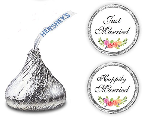 324 Floral Roses Just Married Happily Married. Kisses Wedding Stickers, Chocolate Drops Labels Stickers for Weddings, Bridal Shower Engagement Party Decorations, Favors for Hershey's Kisses