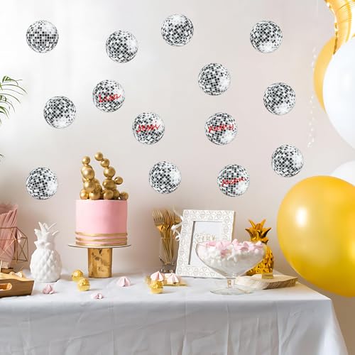 Image of Glitter Disco Ball Cutouts- 100Pcs Silver Discoball DIY Paper Cuts with Glue Points Retro Disco Cutout Bulletin Board for Hippie Party Baby Shower Birthday Classroom Wall Decoration Favors Supplies