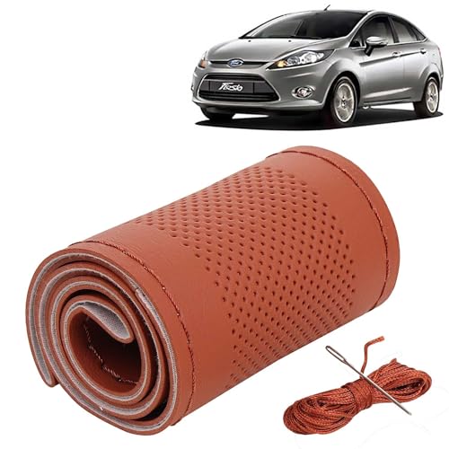 Image of KINGSWAY PU Leatherite Car Steering Cover Sewable Compatible with Ford Fiesta (Year 2011-2021), Tan Color with Tan Thread, Pack of 1 with Sewing Needle and Thread