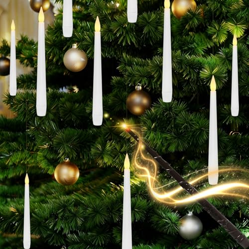 Image of Lezonic Flameless Floating Candles with Wand,20 Pcs Magic LED Hanging Taper Candles,Flickering Battery Operated Taper Candle with Wand Remote for Halloween Decorations