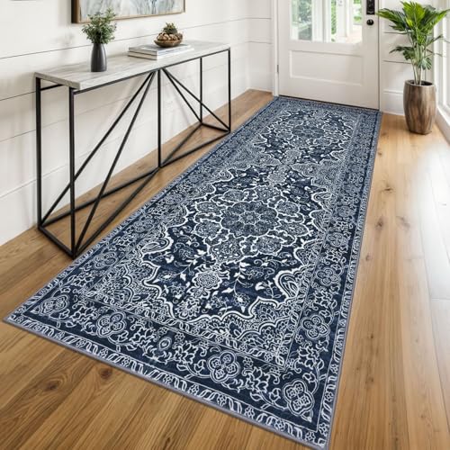 KUTA Washable Kitchen Runner 3x8, Non Skid Washable 8 ft Navy Blue Runners, Printed Vintage Distressed Floral Area Rugs Ultra Soft Carpet for Bedroom Living Room