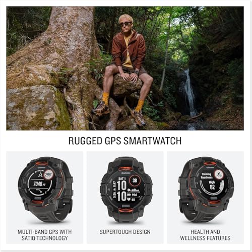 Image of Garmin Instinct 3 Solar 50mm (Black /Charcoal) Rugged Outdoor GPS Smartwatch Bundle - Metal Bezel, Built-in Flashlight, Unlimited Battery Life with PlayBetter Portable Charger & HD Screen Protectors
