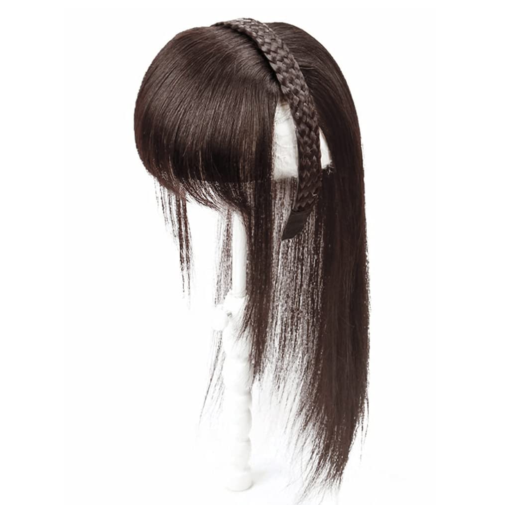 ICRAB Remy Human Hair Topper with Neat Bangs for Wommen 10x10cm Breathable Lace Net Base Braided Headband Hairpiece Topper Hair Extensions Long Hairband Braids Top Hair Piece(40cm Dark Brown)