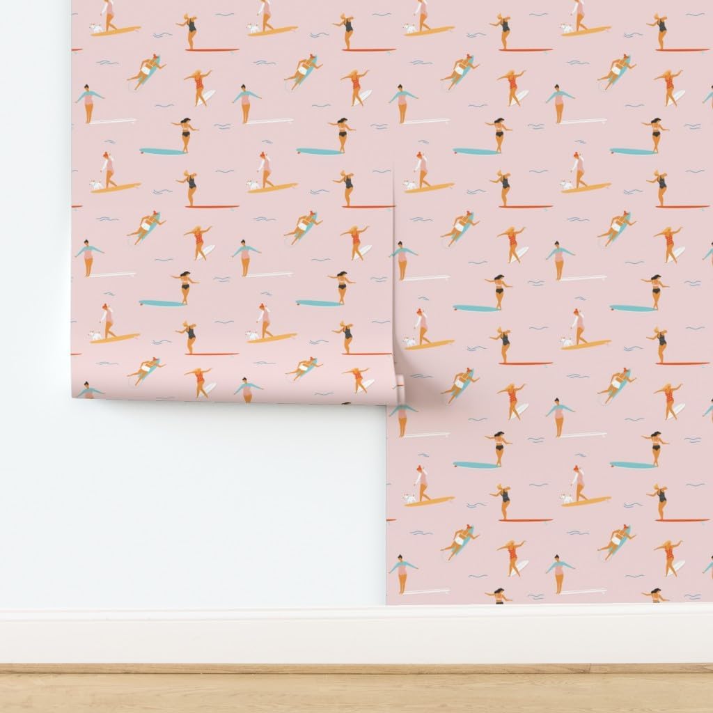 Peel & Stick Wallpaper 3ft x 2ft - Surfers Pink Surfing Surf Women Sea Sport Retro Vintage Beach Summer Baby Custom Removable Wallpaper by Spoonflower