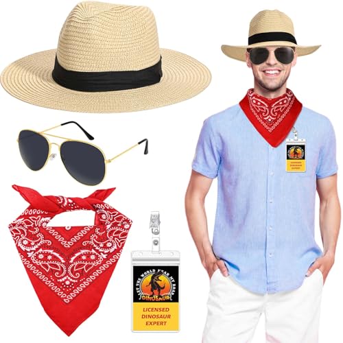 JcHrmers 4 Pcs Halloween Dinosaur Paleontologist Costume Explorer Adventure Accessories with Straw Hat Bandana Sunglasses ID Card for Men Halloween Movie Cosplay Dress up