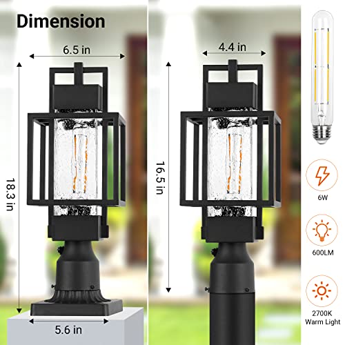 18" H Dusk To Dawn Outdoor Post Light Fixture, Waterproof Aluminum Pole Light With Pier Mount Base, Matte Black Exterior Lamp Post Lantern With Water Seeded Glass For Garden Yard Patio Pathway #TOP2