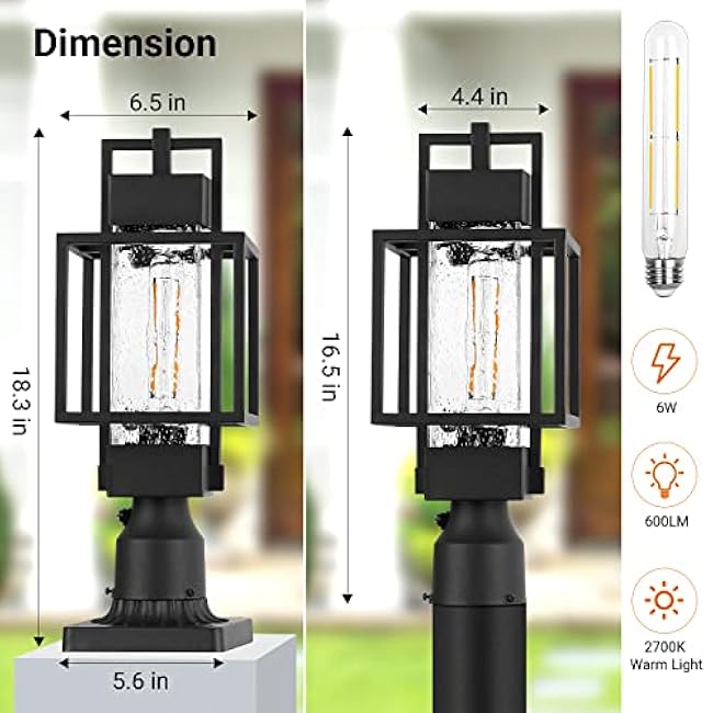 18 H Dusk to Dawn Outdoor Post Light Fixture Hardwired 120V, Waterproof Aluminum Pole Light with Pier Mount Base, Matte Black Exterior Lamp Post Lantern with Water Glass for Garden Yard Patio Path