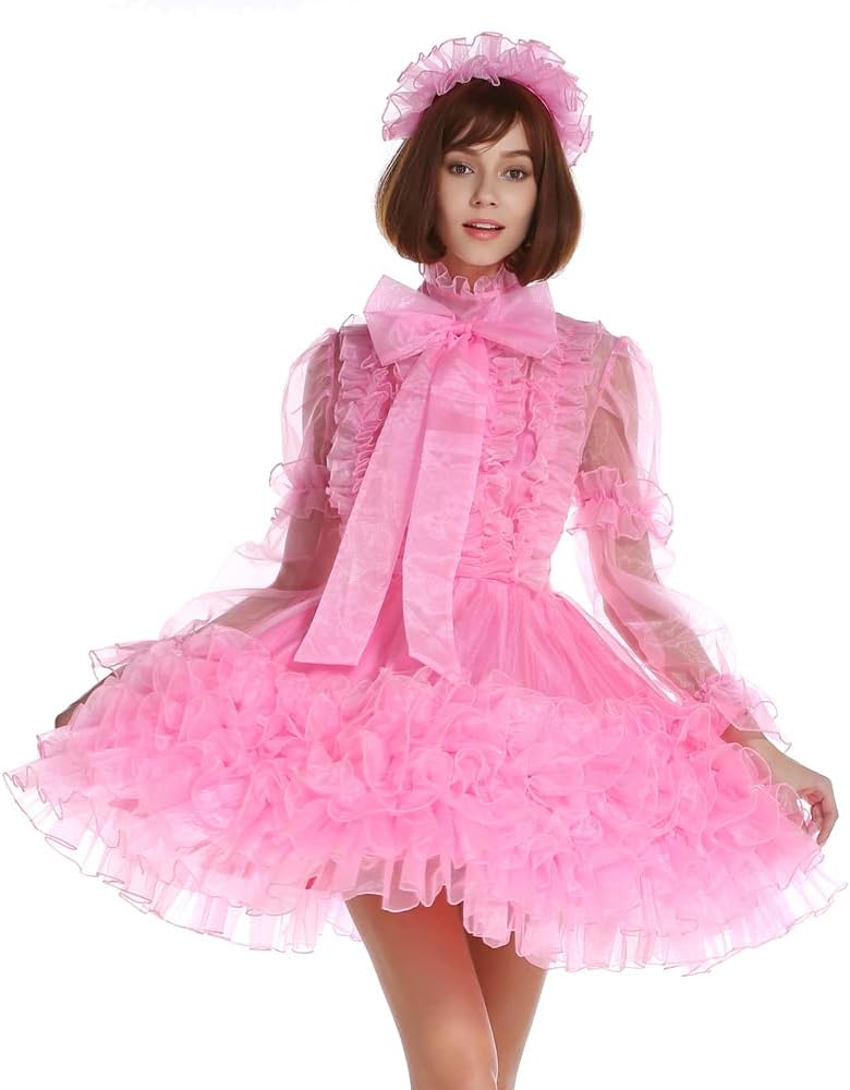 Women Maid Shimmering Pink Organza See Through Prissy Dress Crossdress