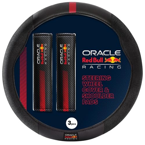 Image of Red Bull Racing Steering Wheel Cover - Universal Fit, Perforated Leather with Cloth Grips, Sporty Design, Protects & Enhances Your Vehicle's Style (RBSWCK001BR)