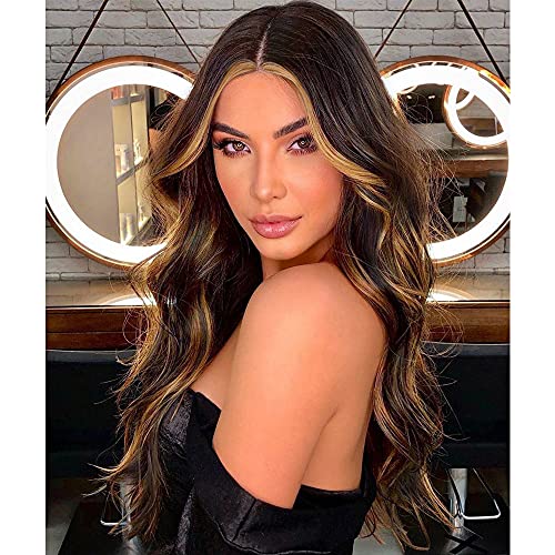 Nnzes Highlights Long Wavy Wig Body Wave Synthetic Wigs for Women 24 Inch Dark Brown Middle Part Blonde Synthetic Wig Natural Hair Daily Wear