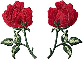 Flowers Boho Red Rose Patch Embroidered Retro Floral Applique Iron On Sew On Love Emblem, Set of 2 Pcs
