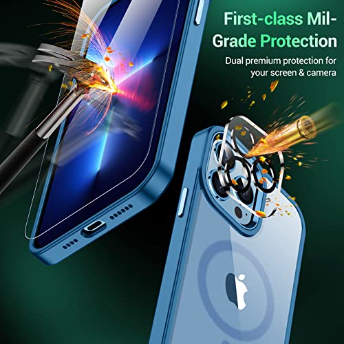 Temdan Strong Magnetic Case For Iphone 13 Pro Max Case Clear,[Anti-Yellowing] 2X[Tempered Glass Screen Protector+Camera Lens Protector] Shockproof Slim Fit Bumper Phone Case-Blue/Clear #TOP5