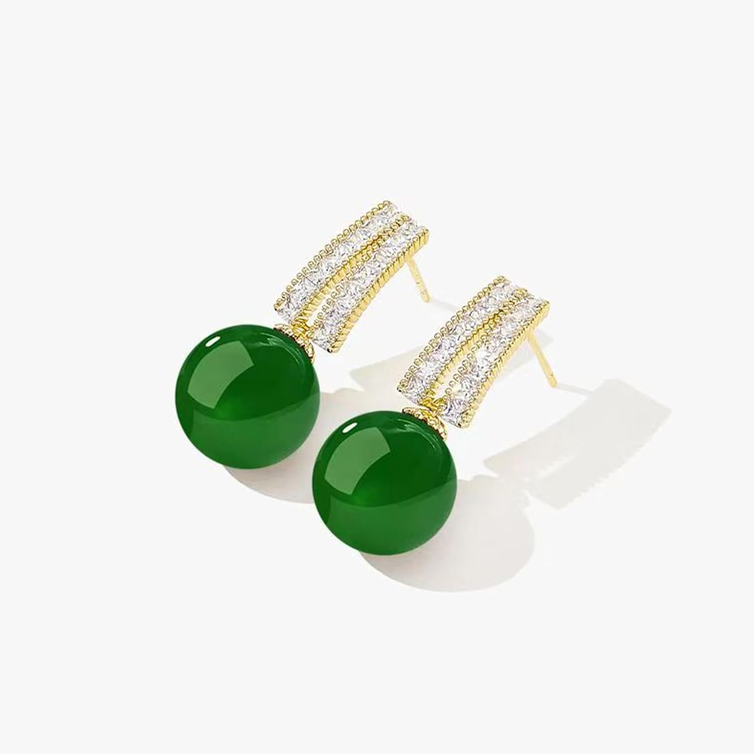 MRW Jade Drop Earrings for Women, Green Round Jade Dangle Earrings with Zircon Accents, Gold-Tone Setting