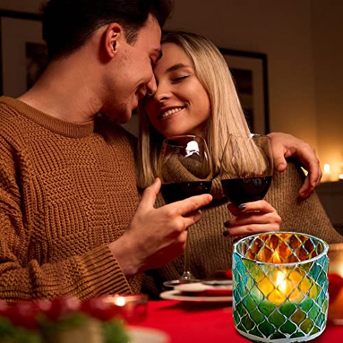 Shop Lc Set Of 3 Votive Candle Holders For Table Centerpiece Mosaic Pattern Blue And Green Tealight Glass Party Dining Room Moroccan Decor Gifts #TOP3