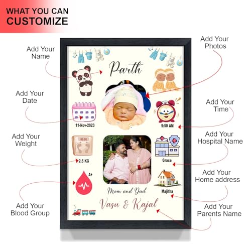 Image of A Perfect Gifter Personalized Newborn Baby Birth Details Photo Frame | Custom Baby Birth Stats Frame with Name Date Time Weight | Baby Announcement Gift for New Parents | Nursery Wall Decor Picture Frame (New Born Baby Frame, 8 X 10 Inch )