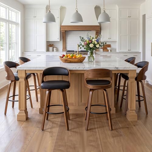 Image of AQG Swivel Bar stools Set of 6 Bar Chairs 30 inch Counter Height Mid-Century Modern Bentwood Barstool PU Leather Upholstered Bar Chair with Back and Footrest, for Bar, Cafe, Dining, Kitchen Island, Black