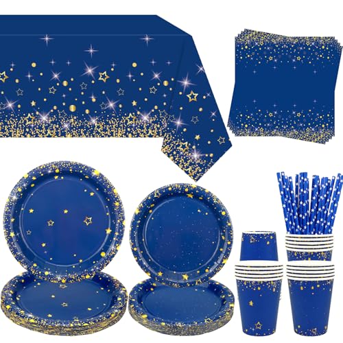 Décorations de fête bleu marine et doré pour tables d'anniversaire et buffets chic