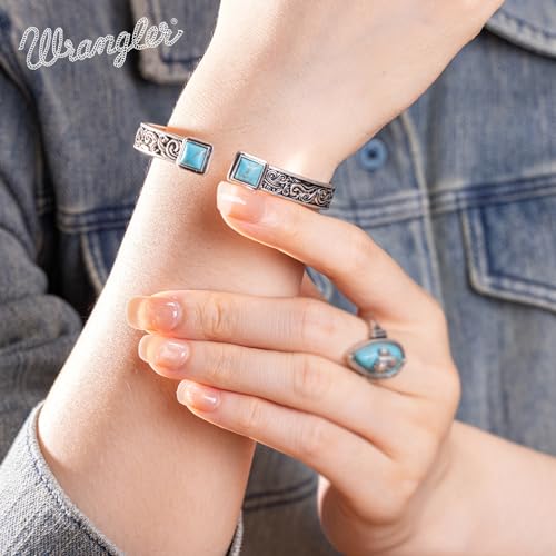 Montana West Wrangler Western Turquoise Bracelet for Women Cowgirl Country Adjustable Silver Plated Carved Floral Open Cuff Bangle Jewelry WGW-STL-1119STQ