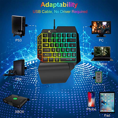 Felicon One Handed Gaming Keyboard And Mouse Combo, Rainbow Backlit 39 Keys Portable Small Mechanical Feel Keyboard With Wrist Rest Support, Rgb Backlight 6 Buttons Adjustable Mice For Pc Gamer #TOP5
