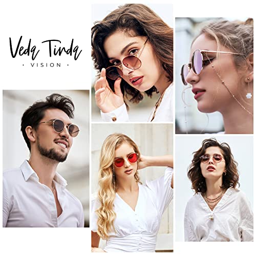 Image of Veda Tinda Vision Round Sunglasses for Women 70s Trendy Retro Oversized Womens Circle Shades UV Protection with Glasses Chain