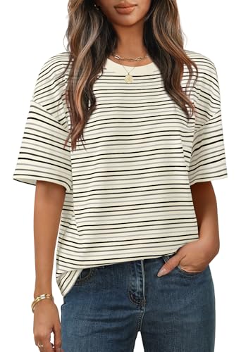 MEROKEETY Women's Summer Short Sleeve Shirt Casual Colourful Striped Crewneck Loose Tops Blouse