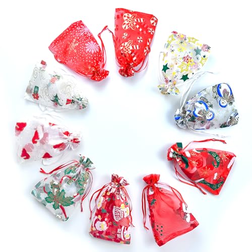 Image of 50PCS Christmas Organza Bags, 4x6 inches Small Christmas Gift Bags with Drawstring, Mesh Bags for Gift