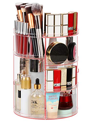 Image of Syntus 360 Rotating Makeup Organizer, DIY Adjustable Bathroom Makeup Carousel Spinning Holder Rack, Large Capacity Cosmetics Storage Box Vanity Shelf Countertop, Fits Makeup Brushes, Lipsticks, Pink