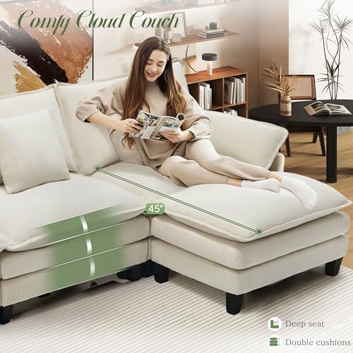 Image of 106 inch L Shaped Modular Sectional Cloud Couch, Modern Sofa with Ottoman, 4-Seat Deep Seat Sofa with Pillows for Living Room, Bedroom and Apartment, Beige
