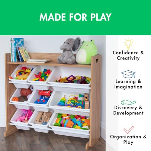 Humble Crew Toy Storage Organizer with Top Shelf and 9 Removable Bins, Natural/White – Toddler Bookshelf with Toy Organizer - Modern Toy Rack Ideal for Kids' Rooms, Playrooms, and Nurseries - Image 6