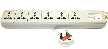 VCT Electronics WPS-UK 220-volt 240-volt AC 13A Universal Surge Protector Power Strip with 6 Universal Outlets Max. 3250-watt Capacity with UK Plug