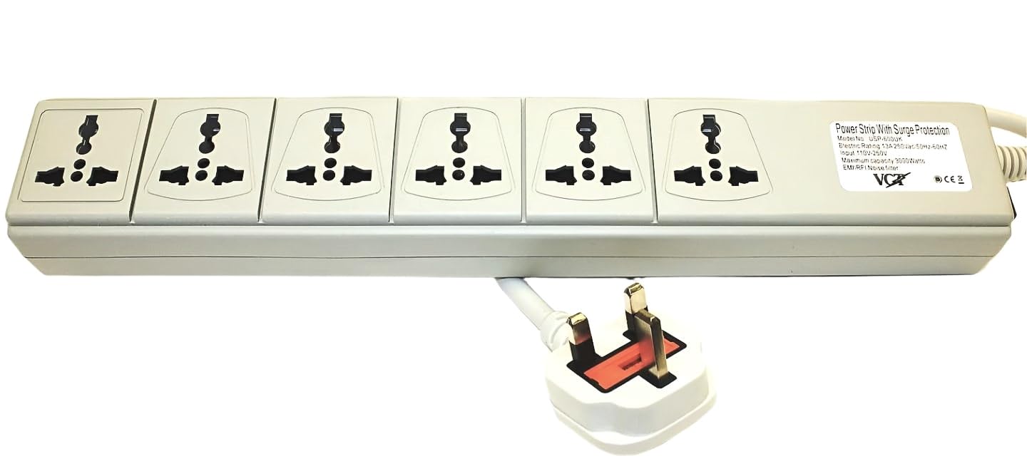 VCT WPS-UK 220-240 Volt Universal Power Strip Surge Protector with 6 Universal Outlets 13A Max. 3250W with UK Plug