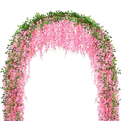 HLAONU 75 Branches Wisteria Hanging Flowers 5Pcs Total 30ft Pink Wisteria Artificial Flowers Garland Vine Silk Hanging Flowers for Wedding Party Arch Ceremony Garden Home Backdrop Decor