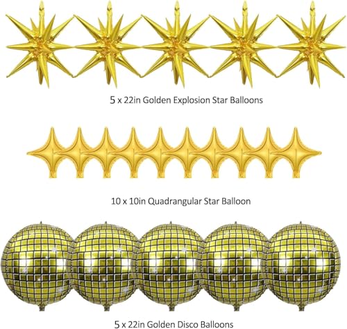 Image of 20pcs 22Inch Golden Disco Ball Ballons, 4D Large Foil Balloons with Metallic Star for 70s Disco Dance Birthday Graduation New Year (Golden Star /Disco Ball 20pcs)