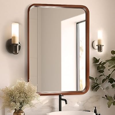 WallBeyond 24x36 Inch Wood Mirror for Bathroom, Wooden Frame Wall Mirror Farmhouse Wall Mounted Rectangle Mirror for Vanity (Horizontal/Vertical Walnut Color)