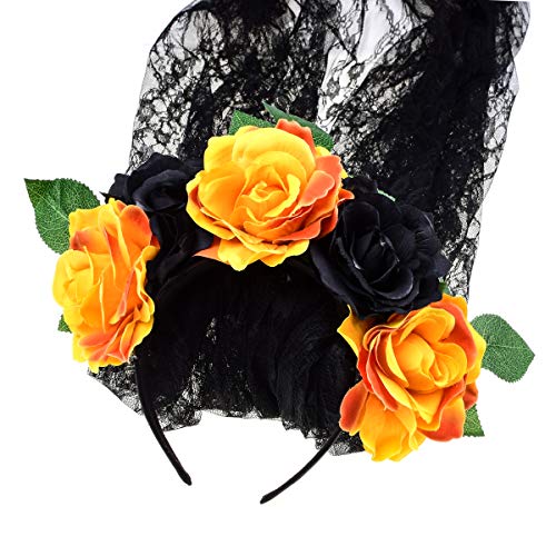 June Bloomy Day of the Dead Headpiece Rose Floral Crown Veil Halloween Costume Mexican Flower Headband(Orange Black) - Thumbnail 2