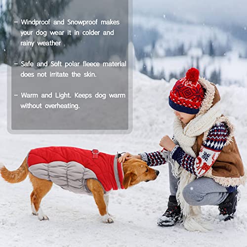 Kuoser Hundejacke Wintermantel für Mittelgroße Hunde - Wasserdichte Winterweste Mit Geschirr - Warme Jacke Hundepullover Haustier Skifahren Kostüm Rot, L