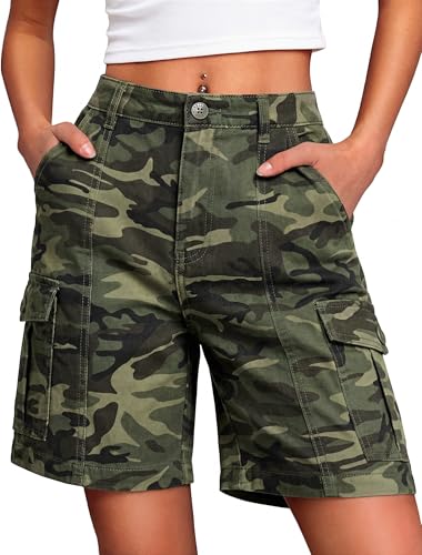 IWD Cargo Shorts for Women High Waisted Casual Bermuda Shorts Knee Length Stretchy Long Jorts Y2K Streetwear with 6 Pockets (Camouflage Green Large)